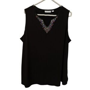 Susan Graver Tank Top Womens 1X Black Embellished Plus Size artsy mature liquid